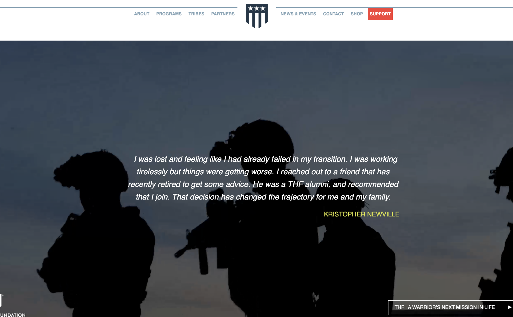 Silhouettes of soldiers with guns against a dark sky, overlaid with a quote about military service and a name, Kristopher Newville.