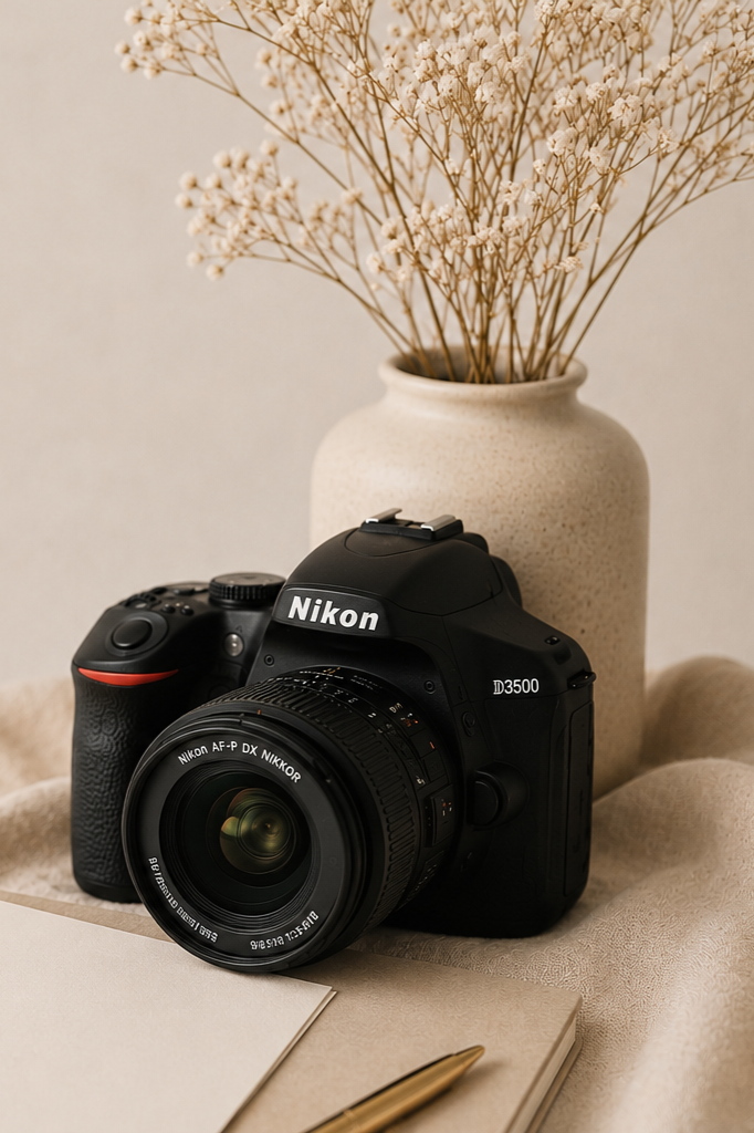 Nikon D3500 camera with a zoom lens, cream-colored vase with dried white flowers, hardcover notebook, and gold pen on a textured cloth surface.