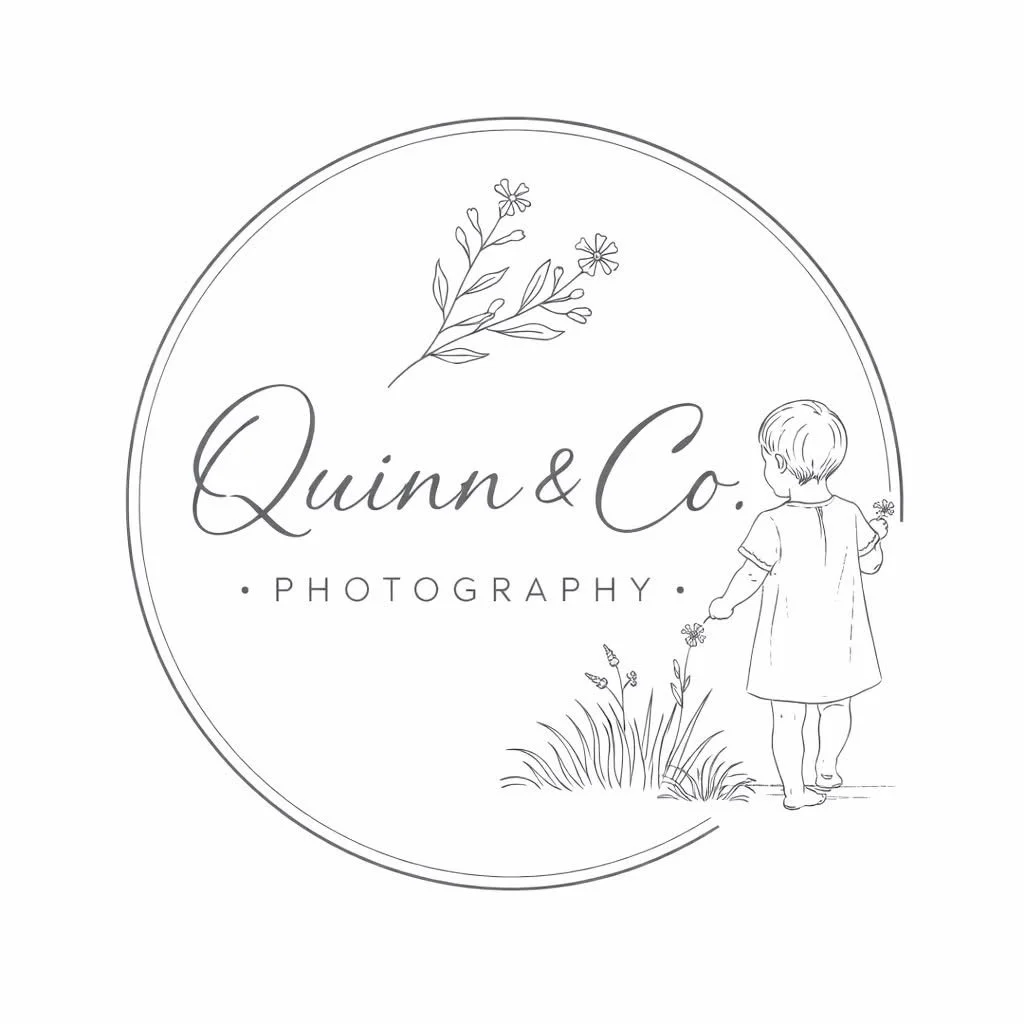 A black and white logo for Quinn & Co. Photography with a hand-drawn illustration of a small child walking on grass holding a flower, and a floral branch above the text.