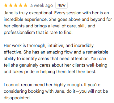 5-star Google review praising Sen Flow Body massage session