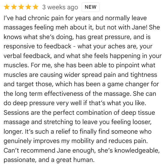 5-star Google review praising Sen Flow Body massage session