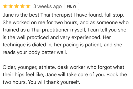 5-star Google review praising Sen Flow Body massage session