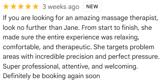 5-star Google review praising Sen Flow Body massage session
