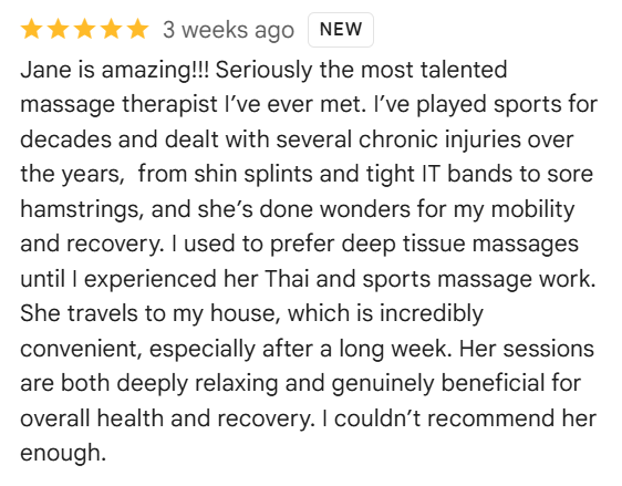 5-star Google review praising Sen Flow Body massage session