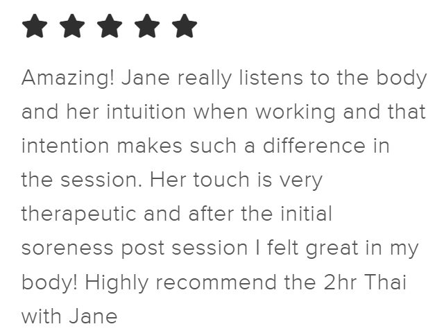 5-star Massagebook review praising Sen Flow Body massage session