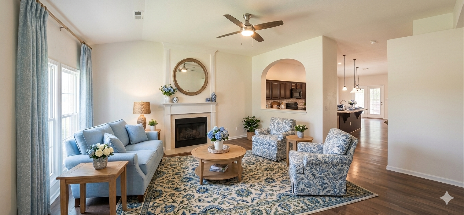 Bright living room with light blue sofa, patterned armchairs, a fireplace with mirror, and a wooden coffee table, decorated with flower arrangements. Large windows with blue curtains, hardwood floors, ceiling fan, and a view into the kitchen and back door.