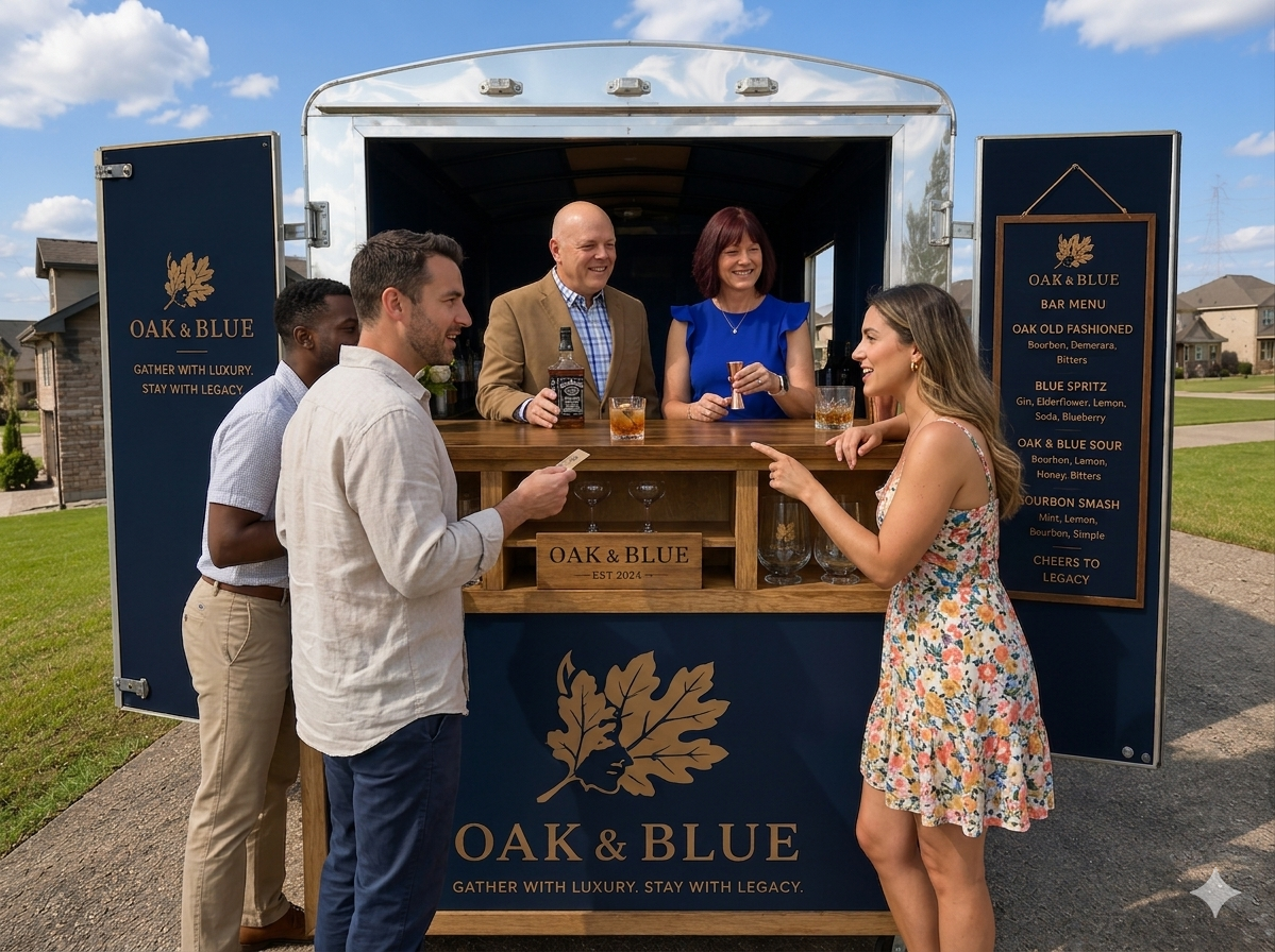 Group of people enjoying drinks at an outdoor bar called 'OAK & BLUE' with a menu displayed on the side