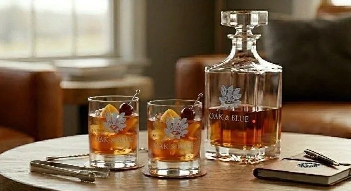 Two glasses of amber-colored liquor with cherries and lemon slices, a glass decanter, and a notebook with a pen on a white tablecloth.