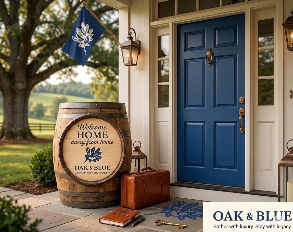 Front porch with blue door, welcome sign on a barrel, leather suitcase, notebook, and key, with outdoor scenery including a large tree and green fields.
