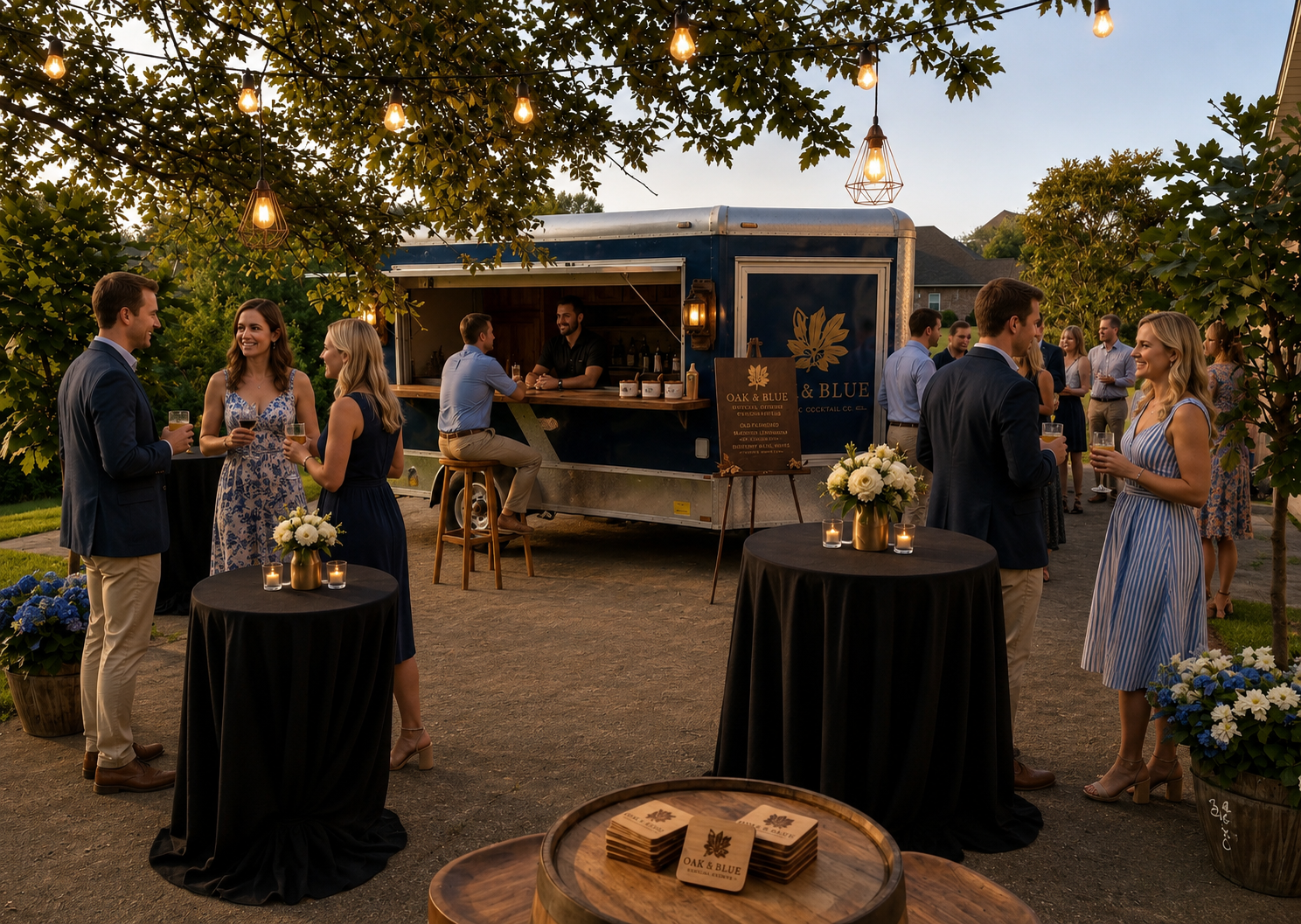 Guests at an outdoor evening event socializing around standing tables with candles and floral arrangements, near a blue food truck bar serving drinks, with string lights overhead and trees in the background.