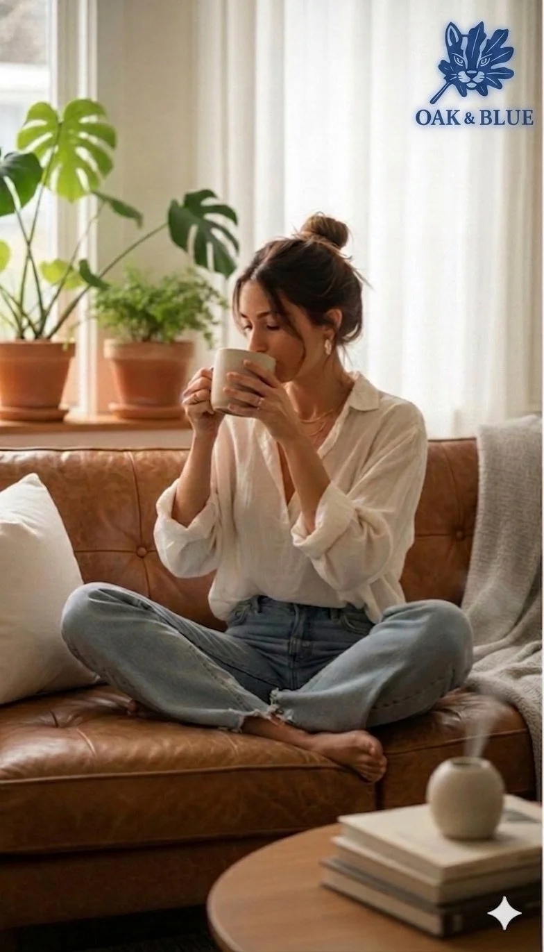 Woman sitting cross-legged on a brown leather couch, drinking from a white mug, with houseplants on a windowsill behind her and a small table with a stack of books and a round white vase in foreground.
