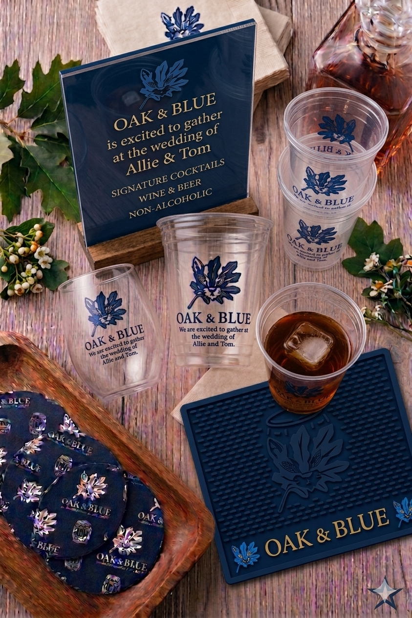 Wedding reception setup with Oak & Blue branding. Clear plastic cups, some with iced drinks, arranged on a wooden table along with Oak & Blue branded napkins and a sign. Green foliage and flowers decorate the table.