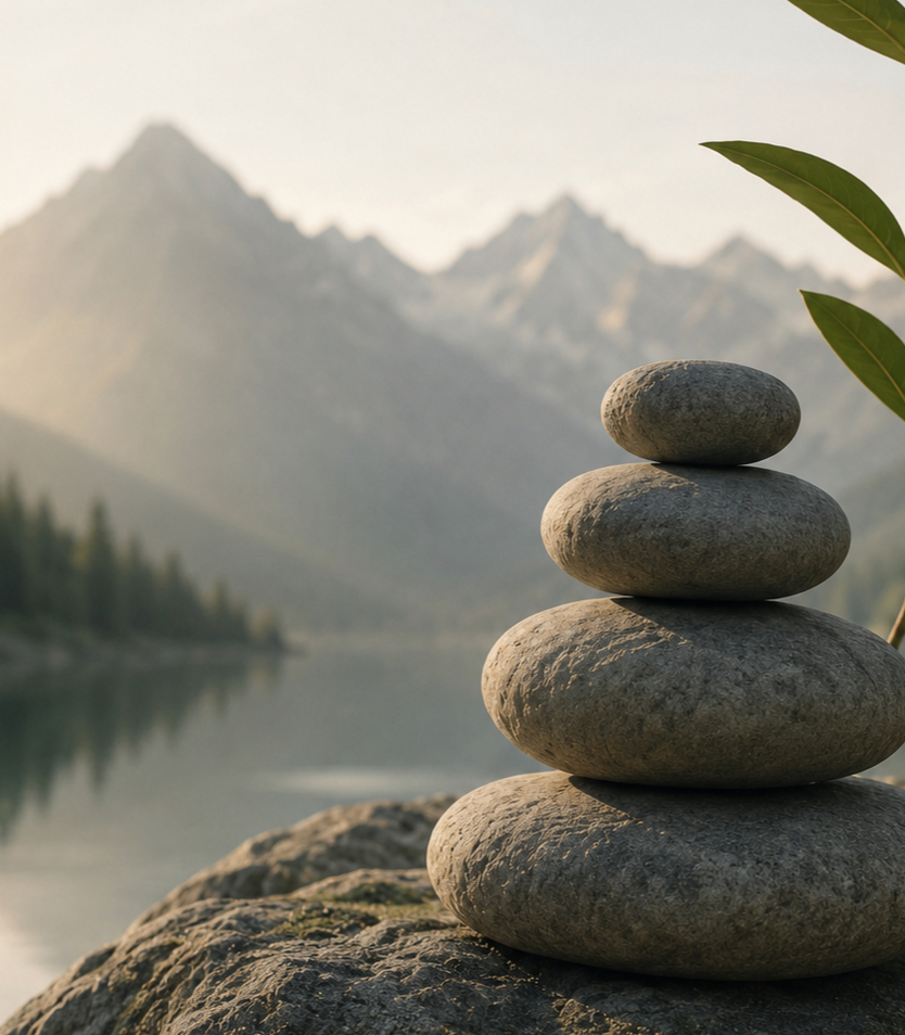 Stacked smooth stones on a rock with a mountain and lake in the background, and some green leaves in the upper right corner.