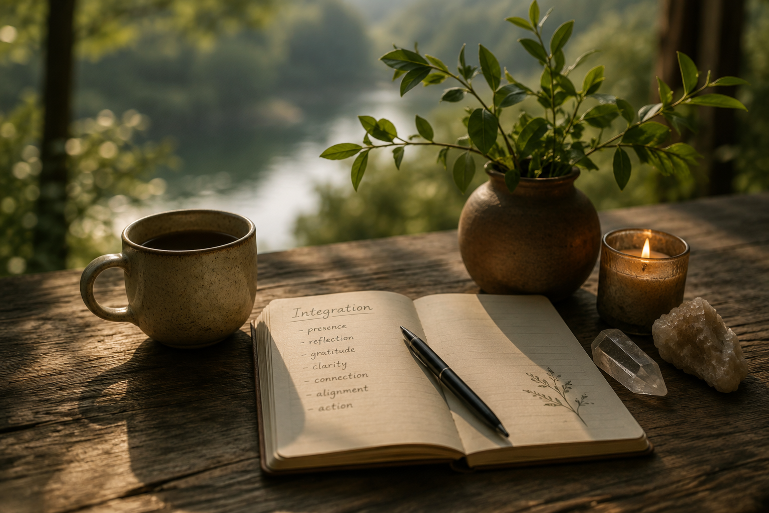 A rustic wooden table outdoors with a coffee mug, an open notebook with handwritten notes, a black pen, a lit candle in a glass container, a large clear quartz crystal, a rough mineral, and a potted plant with green leaves. The background shows a blurred view of a river and trees.