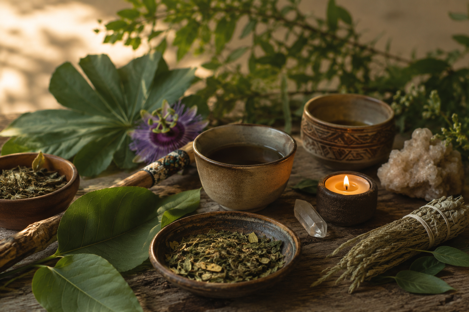 Arrangement of herbal tea and wellness items with leaves, dried herbs, a lit candle, a crystal, and natural decor on a wooden surface.