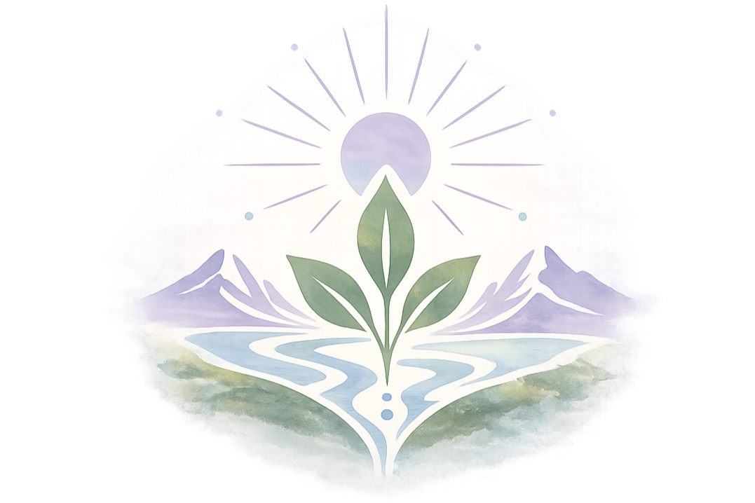 Watercolor logo with a mountain, river, green leaves, and a sun with rays radiating outward.