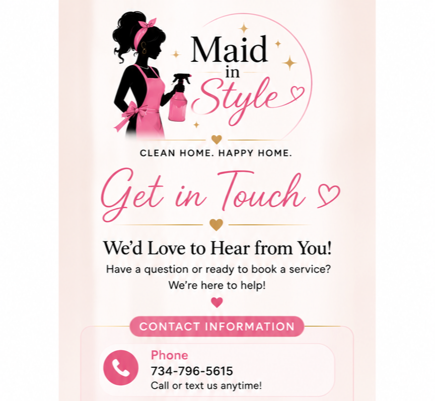 Pink and black silhouette of a woman with curly hair, wearing a pink apron and holding a spray bottle, next to text promoting a cleaning service called 'Maid in Style' with contact information and encouragement to get in touch.