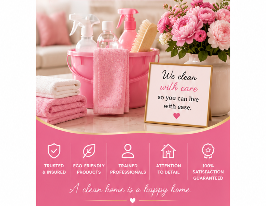 Cleaning supplies, including spray bottles, sponges, and towels, arranged next to a sign that reads 'We clean with care so you can live with ease,' with a pink and white flower arrangement in the background and a pink-themed design at the bottom highlighting trust, eco-friendliness, professionalism, attention to detail, and satisfaction guarantee.