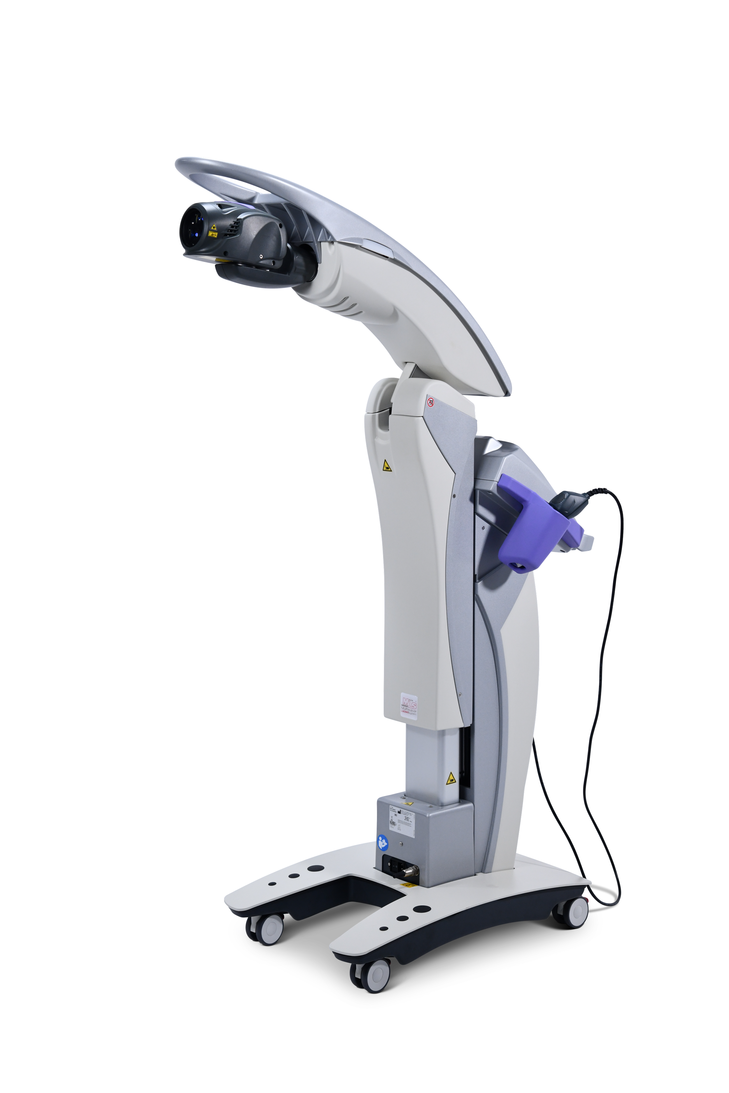 A medical robotic surgical arm with a camera on top, mounted on a mobile base with wheels for mobility.