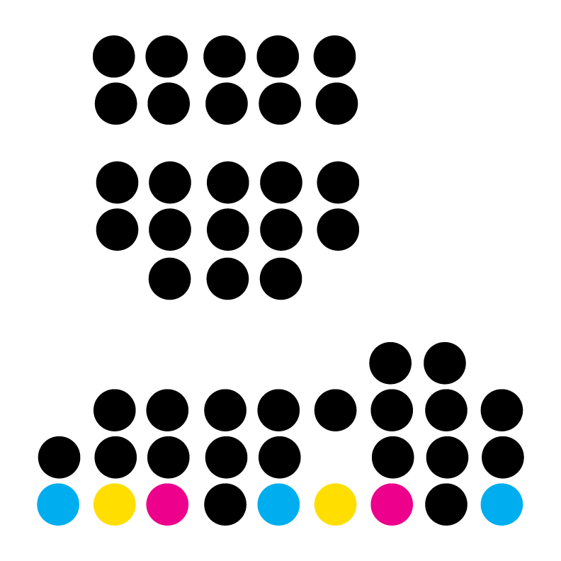 A Connect Four game board with pieces in yellow, pink, and blue colors, arranged for gameplay.
