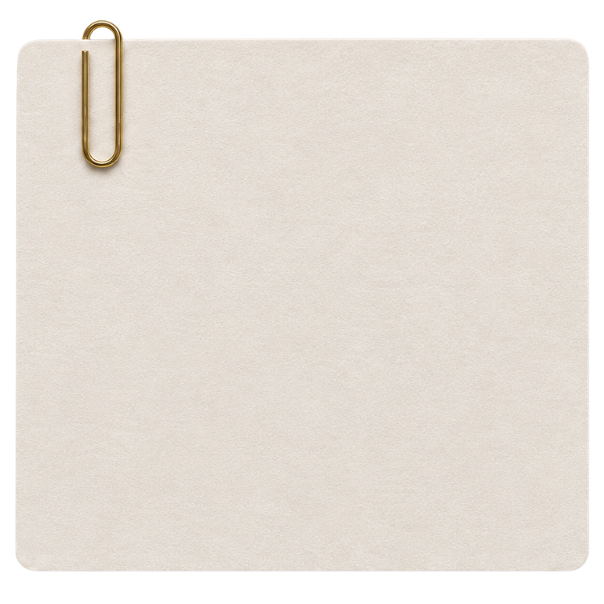 A blank, rectangular, beige-colored notepad or card with rounded corners, held by a gold-colored paperclip at the top left corner.