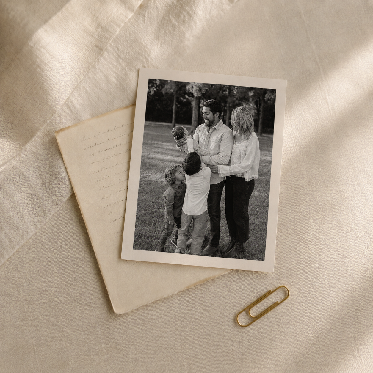 Black and white family photo of parents and children outdoors in a park, with two boys and a girl, smiling and playing together.