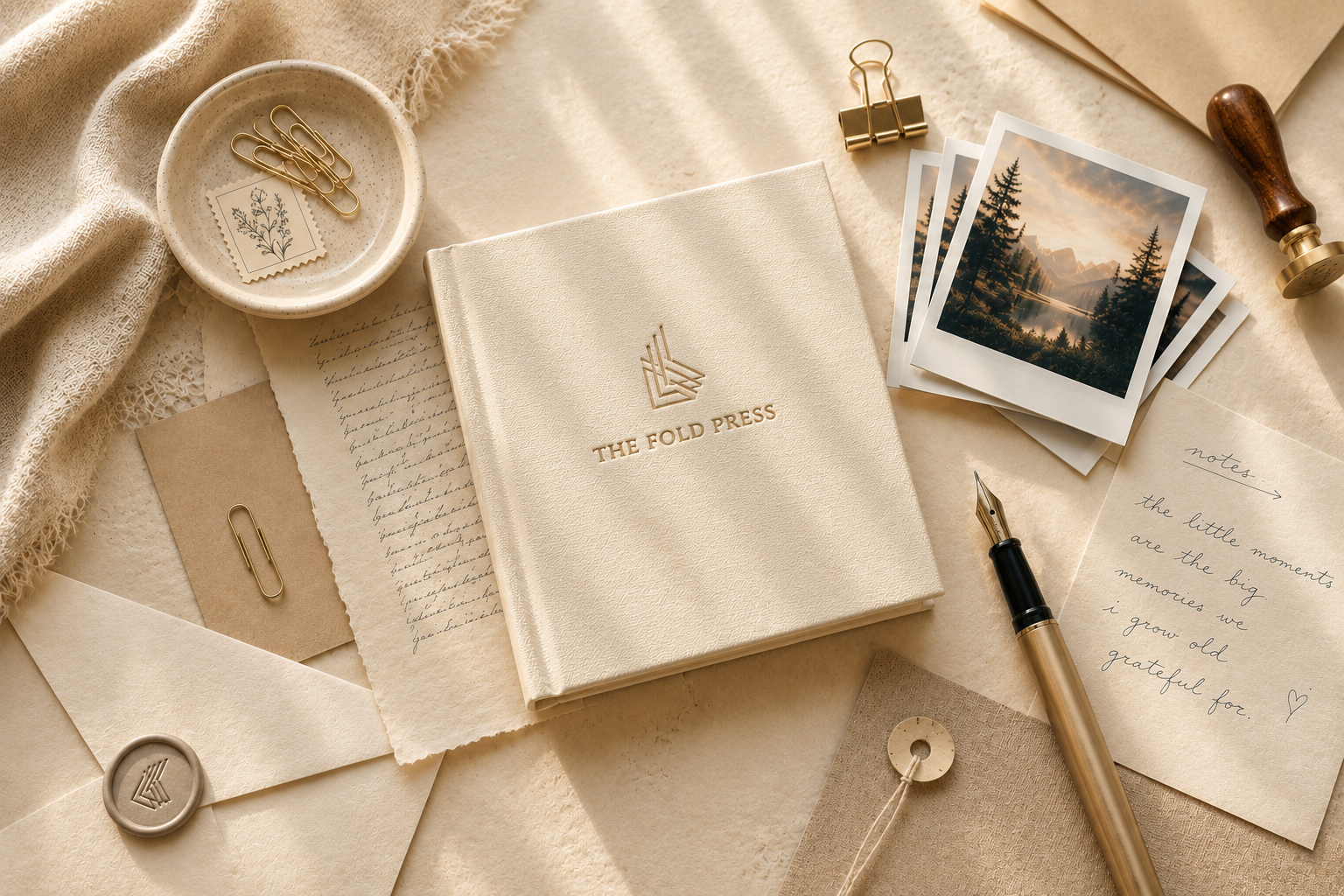 A collection of vintage-style stationery and photos, including a white book titled 'The Fold Press', handwritten notes, photographs of mountain scenery, a pen, and various paperclips and stamps, arranged on a cream-colored surface.