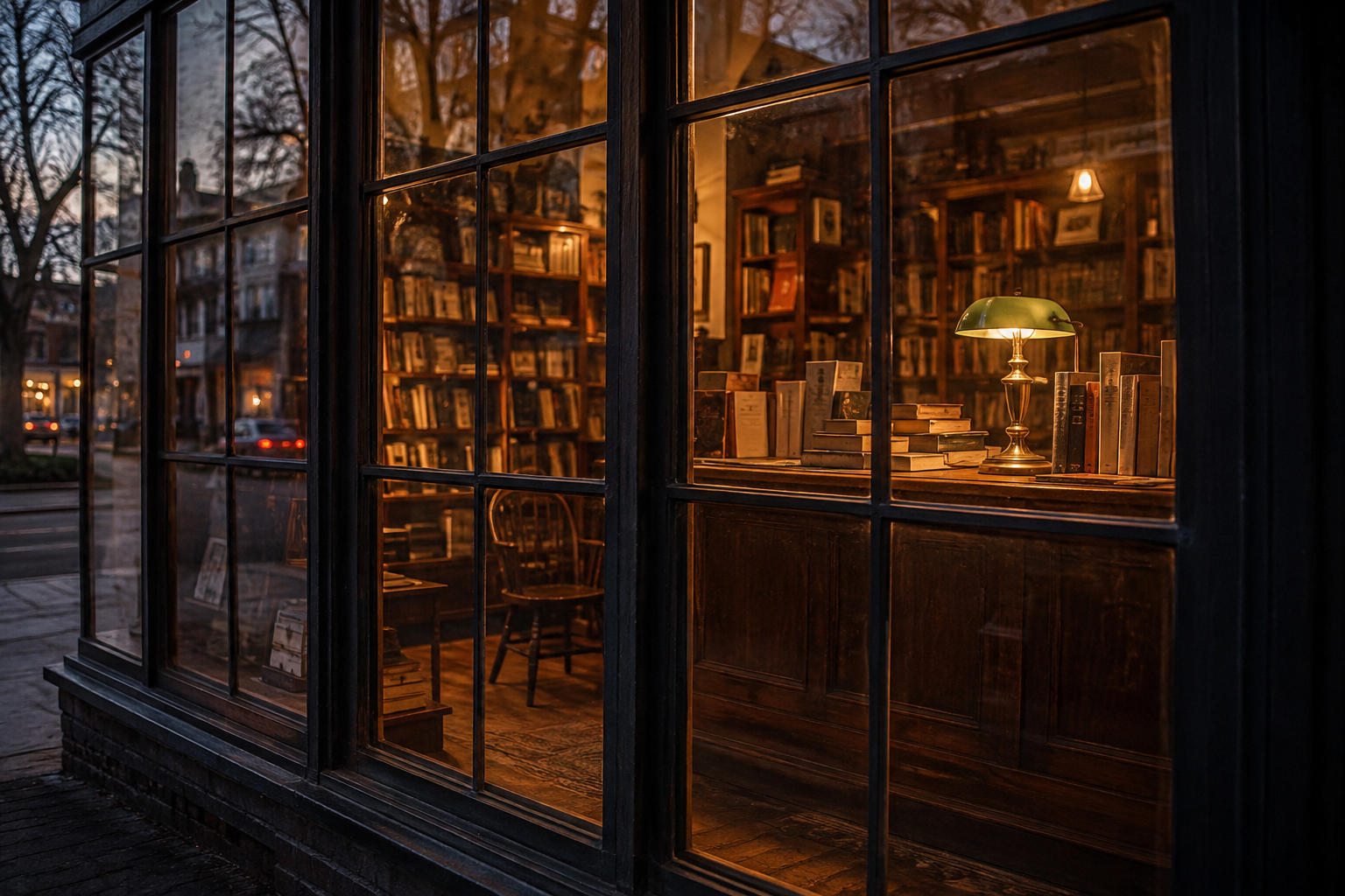 View of a cozy bookstore interior at dusk, with warm lighting, wooden bookshelves filled with books, and a lamp on a desk.