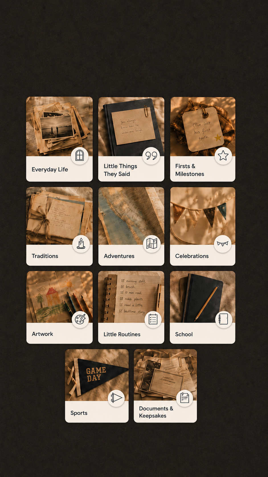 Collection of nine photo cards on a dark background, each labeled with different categories including 'Everyday Life', 'Little Things They Said', 'First & Milestones', 'Traditions', 'Adventures', 'Celebrations', 'Artwork', 'Little Routines', and 'School'. The cards feature vintage-style photographs and icons representing each theme.