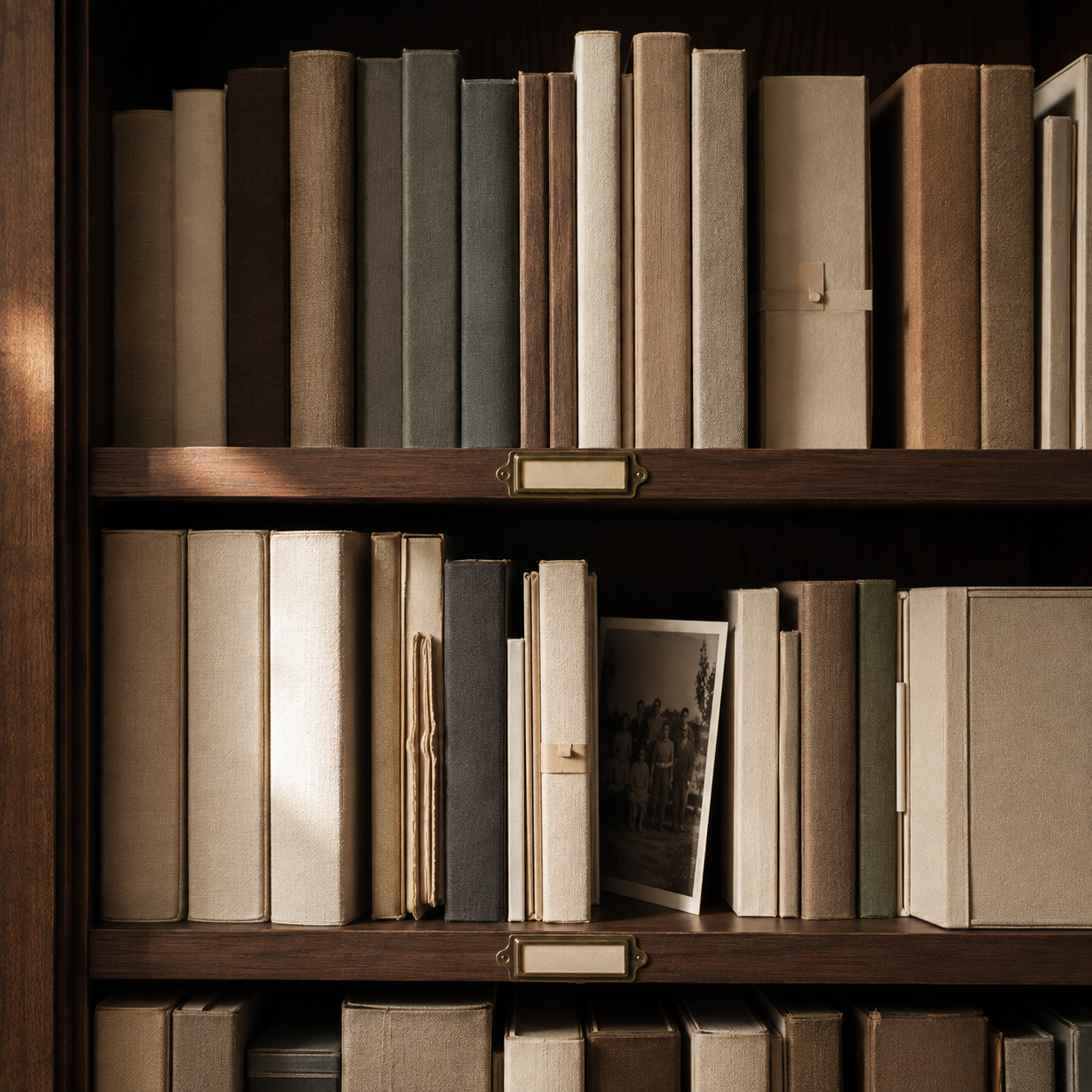 A wooden bookshelf filled with beige, brown, gray, and green hardcover books, with a vintage black-and-white photograph leaning against the books on the lower shelf.