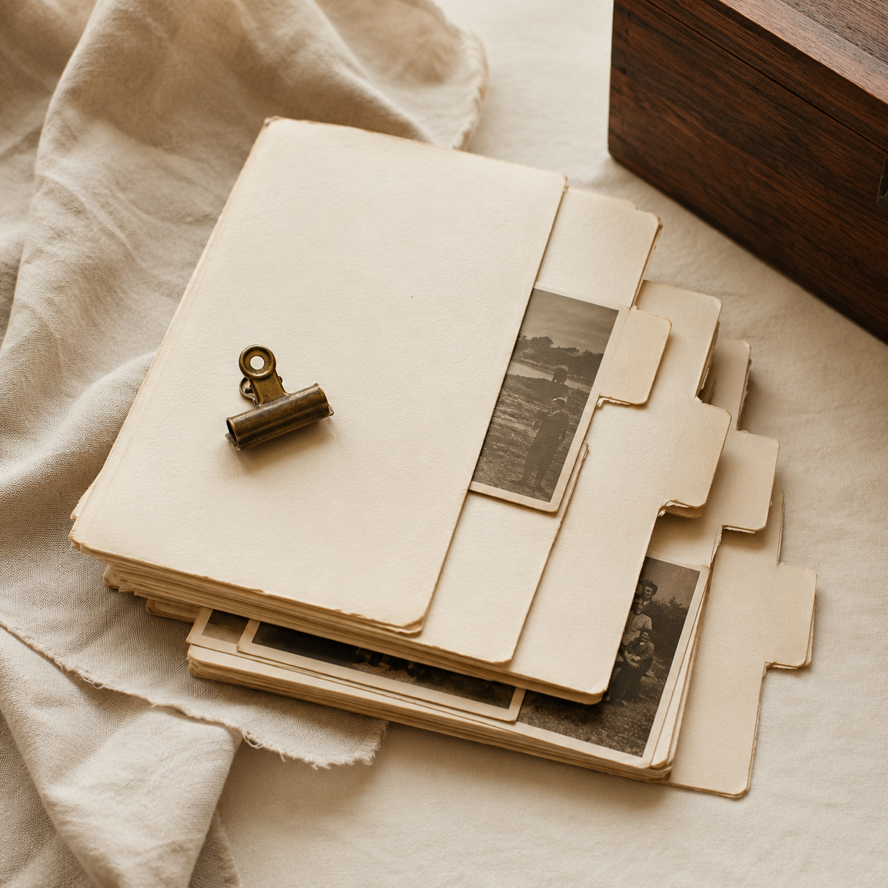 A vintage photo album with black and white photographs inside, held closed by an old brass clip, resting on a cream-colored fabric surface with a wooden box nearby.