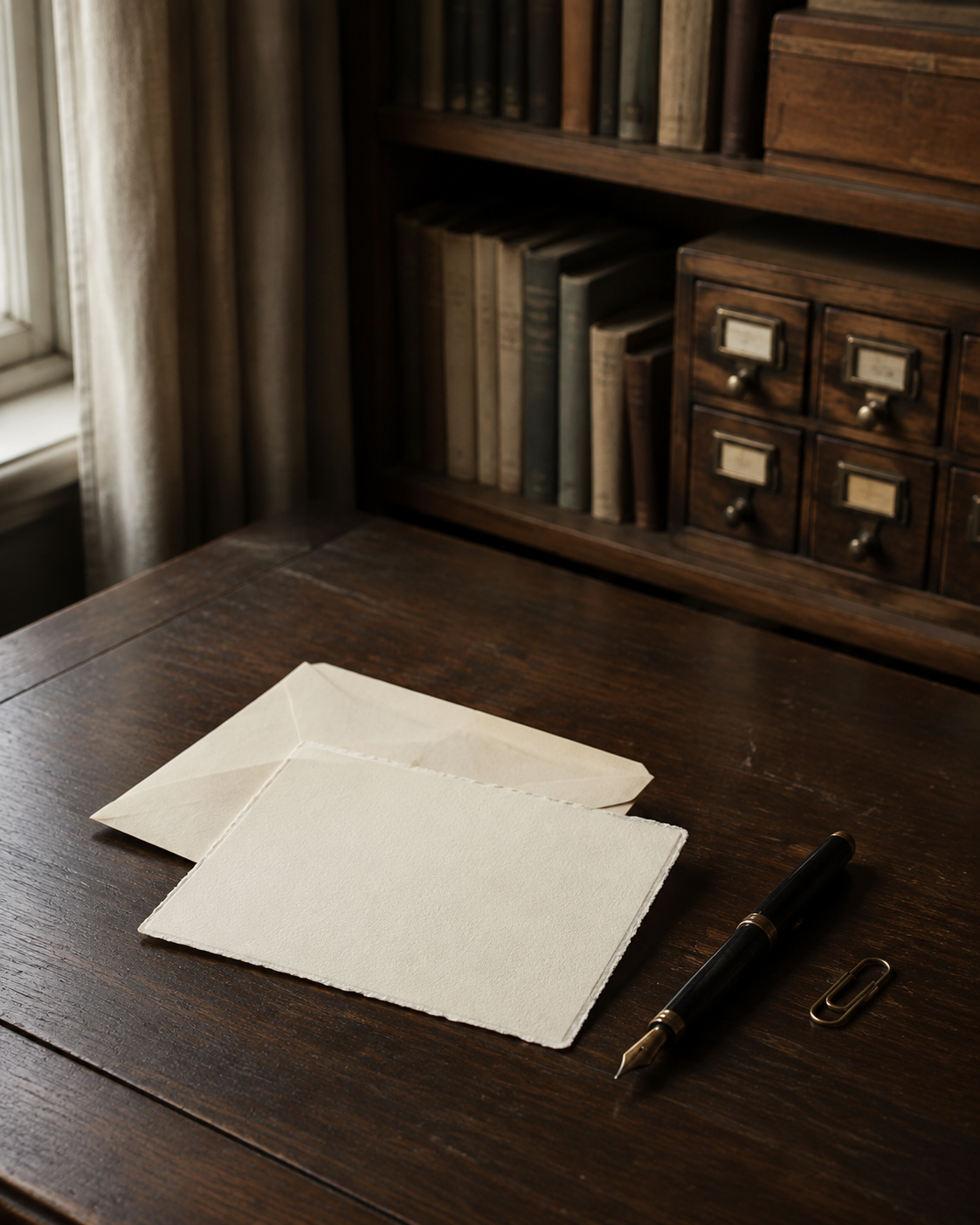 Vintage wooden desk with blank letter, pen, paperclip, and an antique filing cabinet with drawers filled with old books in a cozy room.