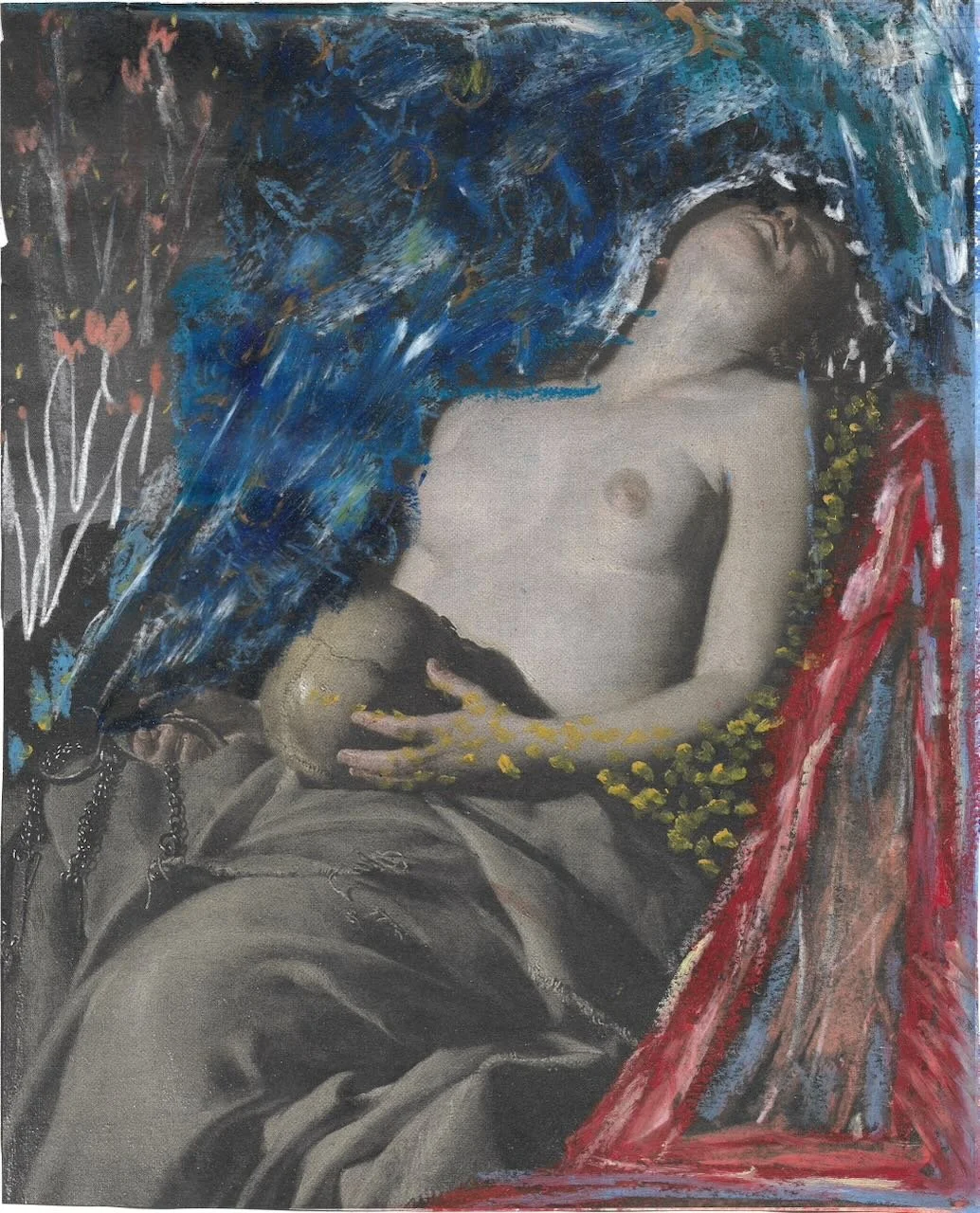 "Untitled Repose", Oil Pastel on Book Paper, 6in × 8in, 2024