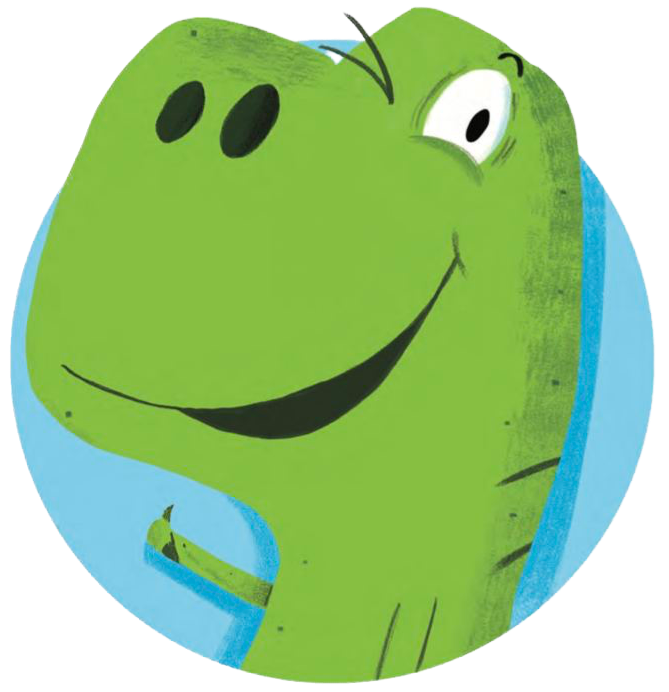A cartoon green dinosaur with a big smile, set against a blue circular background - character from the book 'Surprise Dinosaur'