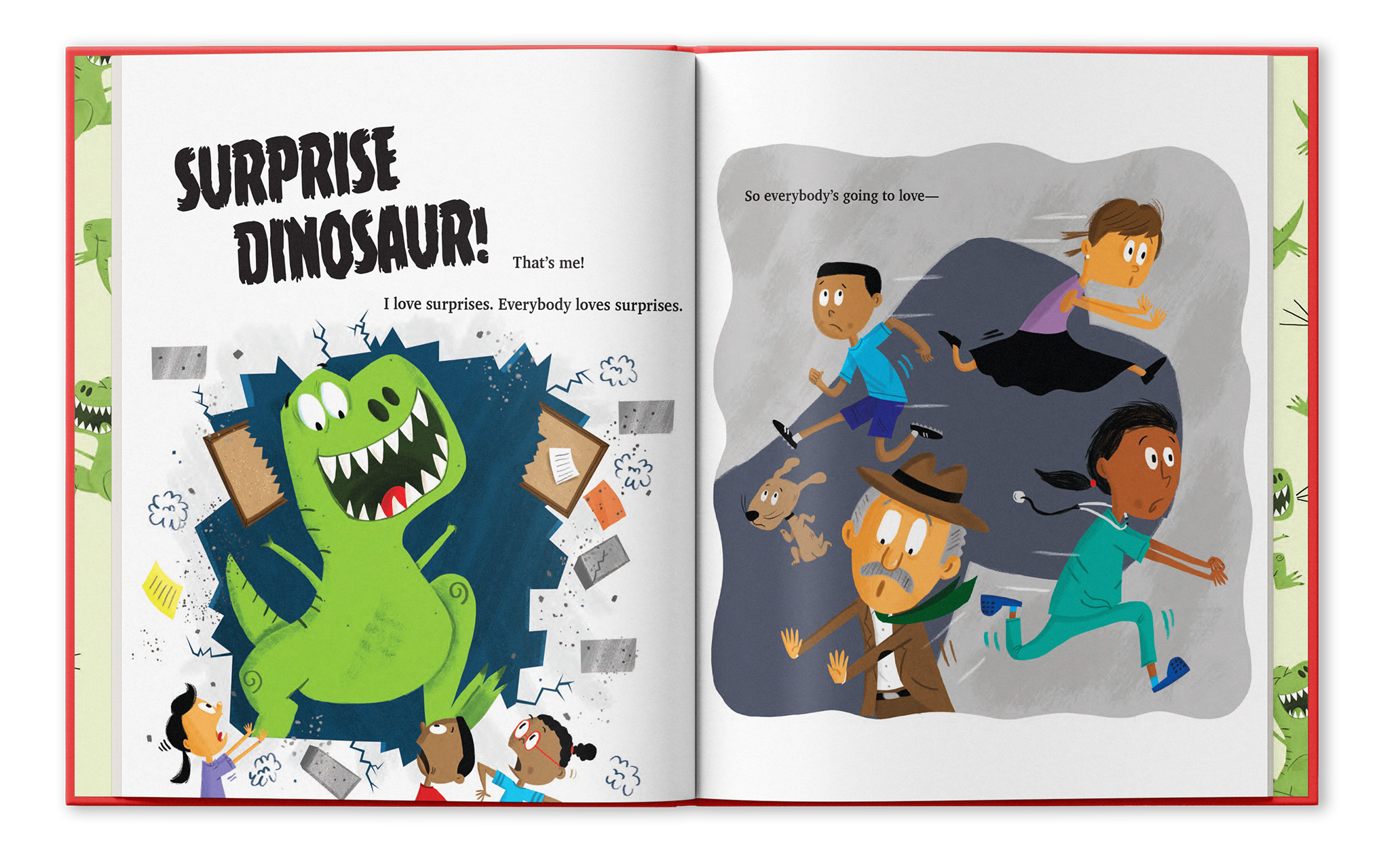 Open children's book 'Surprise Dinosaur' by Lucas Klauss, showing a green dinosaur with sharp teeth, and children running away from it. The left page reads 'Surprise Dinosaur! That's me!' and the right page depicts children running.