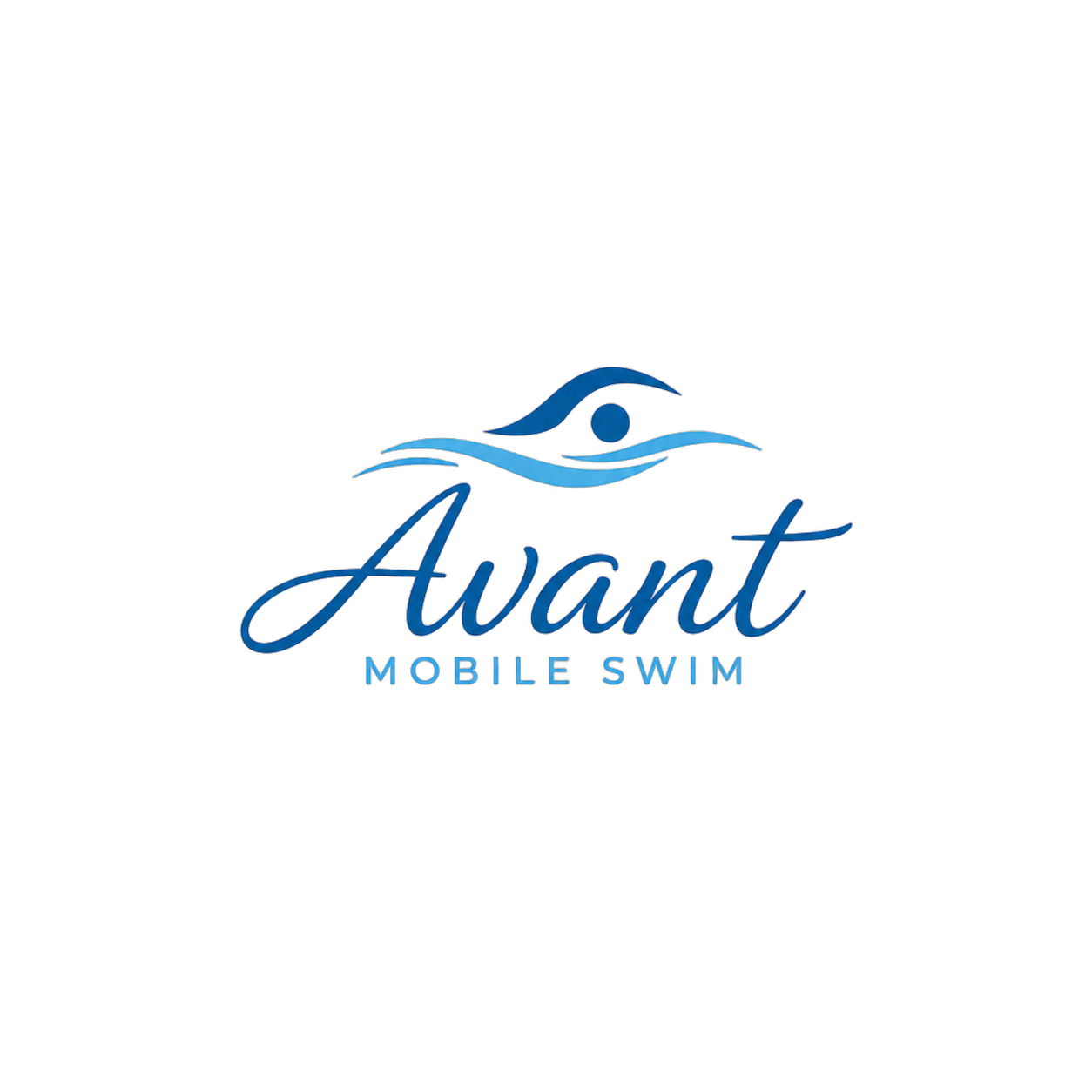 mobile swim lessons, blue logo, script, swimmer