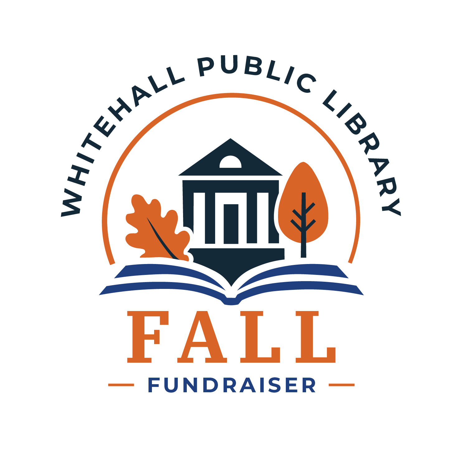 Fall fundraiser logo with a house, open book, and autumn leaves, featuring the text 'Fall' and 'Fundraiser'.