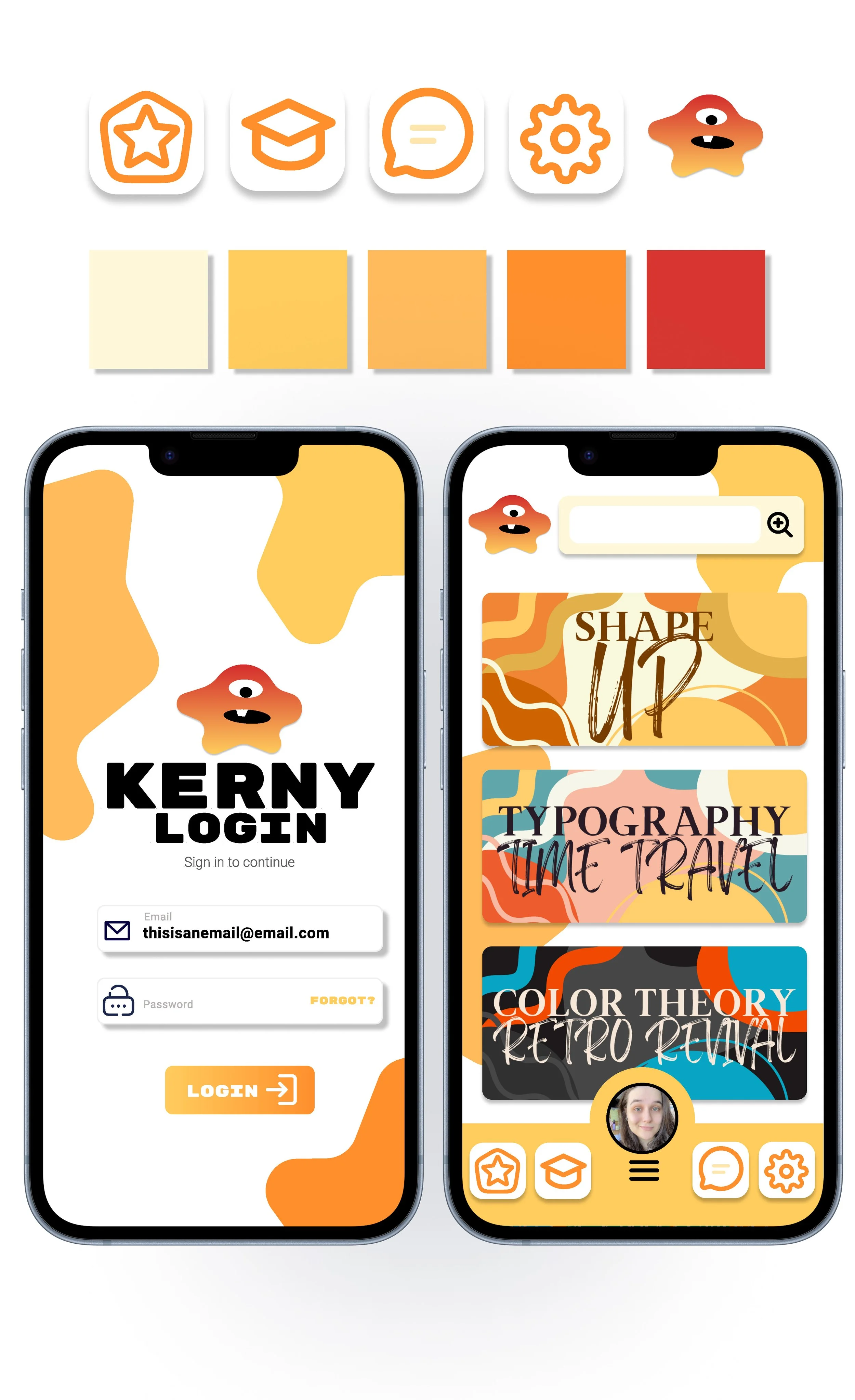 Two smartphones displaying a creative app interface with abstract orange and yellow patterns, cartoon monster icons, and various menu options including login and design themes.