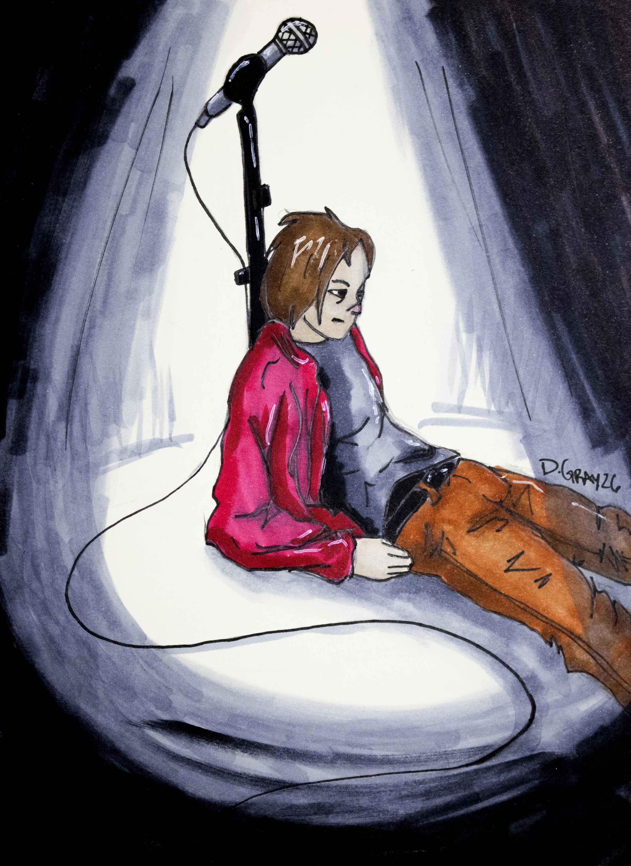 A watercolor painting of a young man with light brown hair, wearing a red jacket and gray shirt, sitting on the ground with her head slightly bowed and eyes closed, in a space illuminated by a bright light above her and surrounded by dark, swirling c
