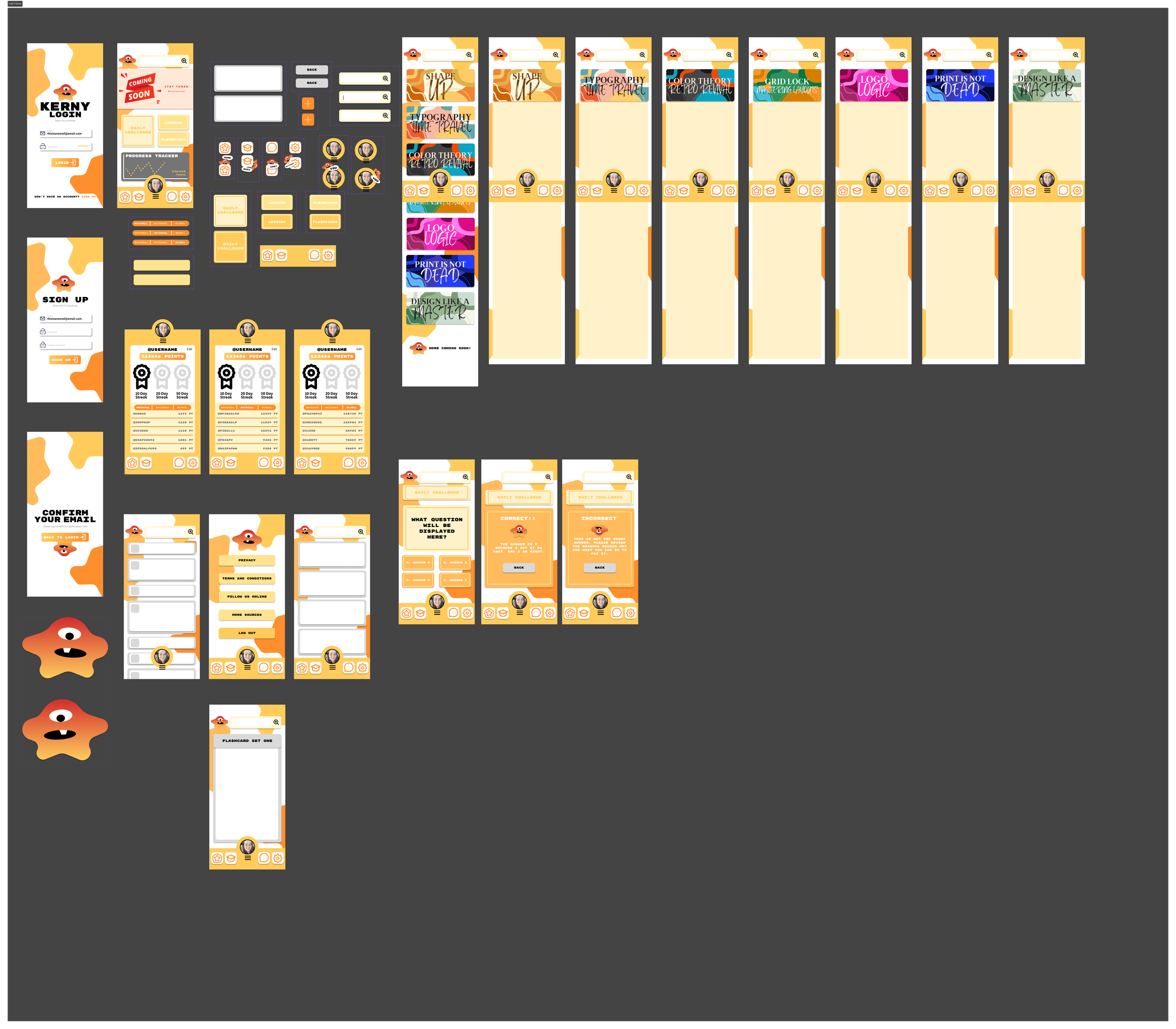 A series of mobile app screen mockups with a branding theme featuring a cartoon orange character, predominantly in peach, orange, black, and white colors, displaying login, sign-up, game interface, and settings screens.