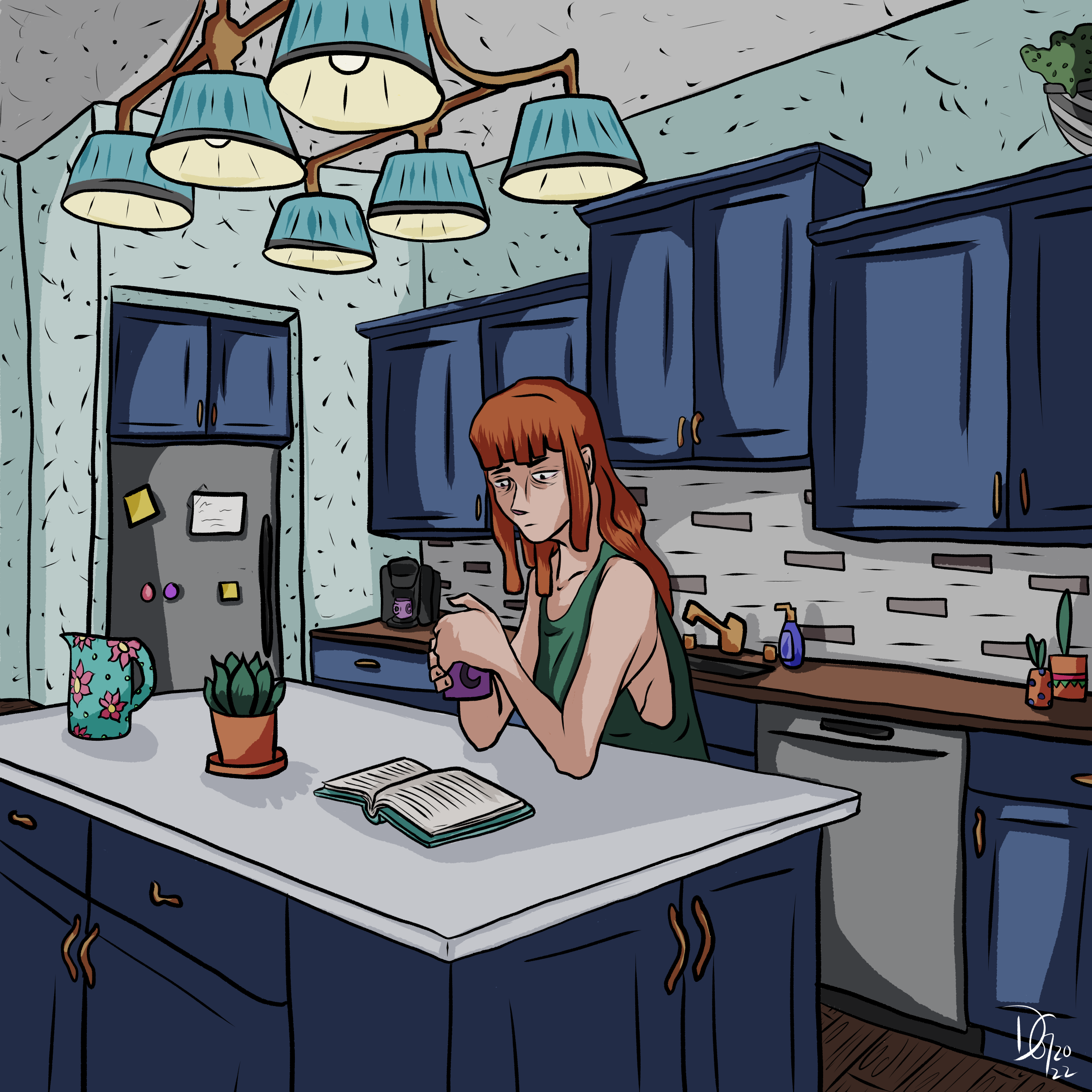 A woman with red hair and a green tank top is sitting at a kitchen counter, looking at her phone. The kitchen has blue cabinets, a gray brick wall, and multiple potted plants and decorative items on the counter.