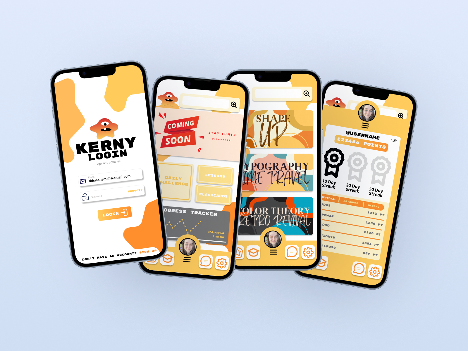 Four smartphones displaying a colorful app interface with cartoonish design elements, including a mascot, progress trackers, course categories, and user profile details, on a light blue background.