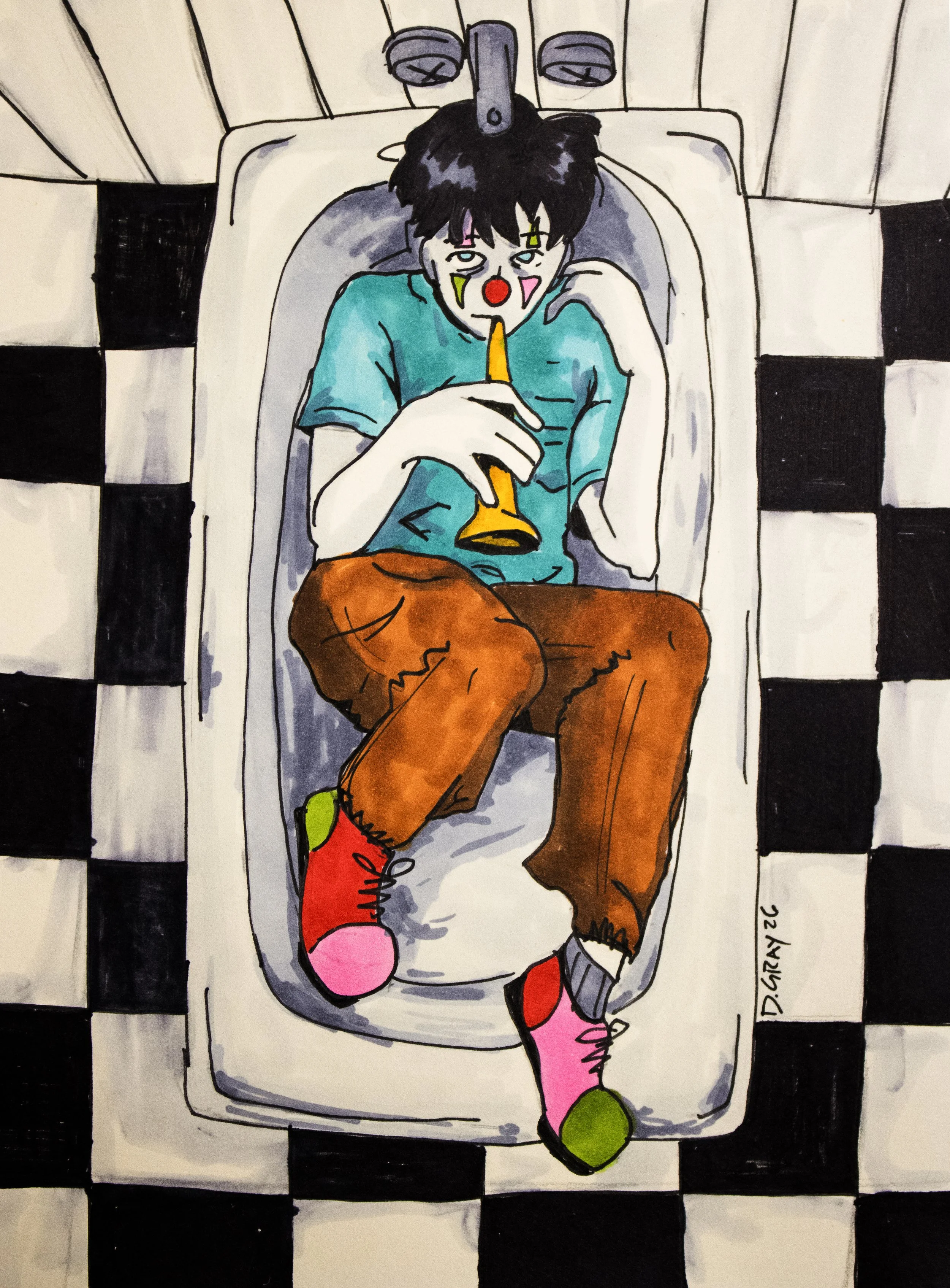 A hand-drawn illustration of a person dressed as a clown lying in a bathtub, with a checkered black-and-white floor visible around the bathtub.