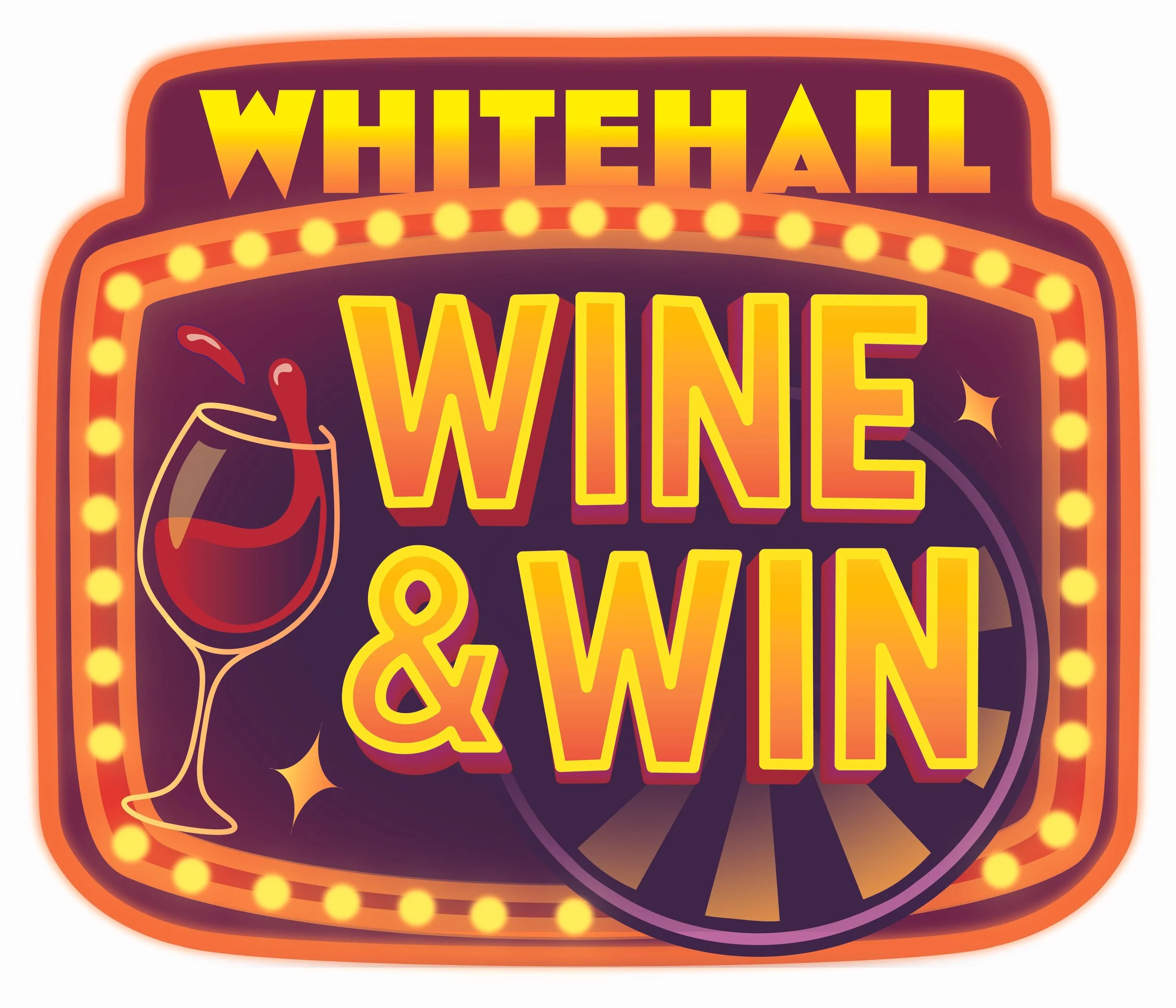 Colorful neon sign with the text "WHITEHALL WINE & SHOW" in bold yellow letters, illuminated with light bulbs around the border.