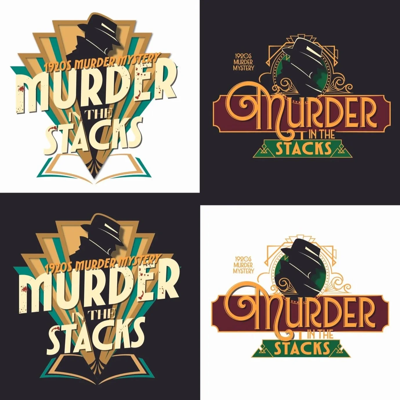 Four variations of vintage-style detective or mystery-themed logos for 'Murder in the Stacks,' with a black silhouette of a man in a fedora hat, framed by geometric design elements, and the text '1920s Murder Mystery'.