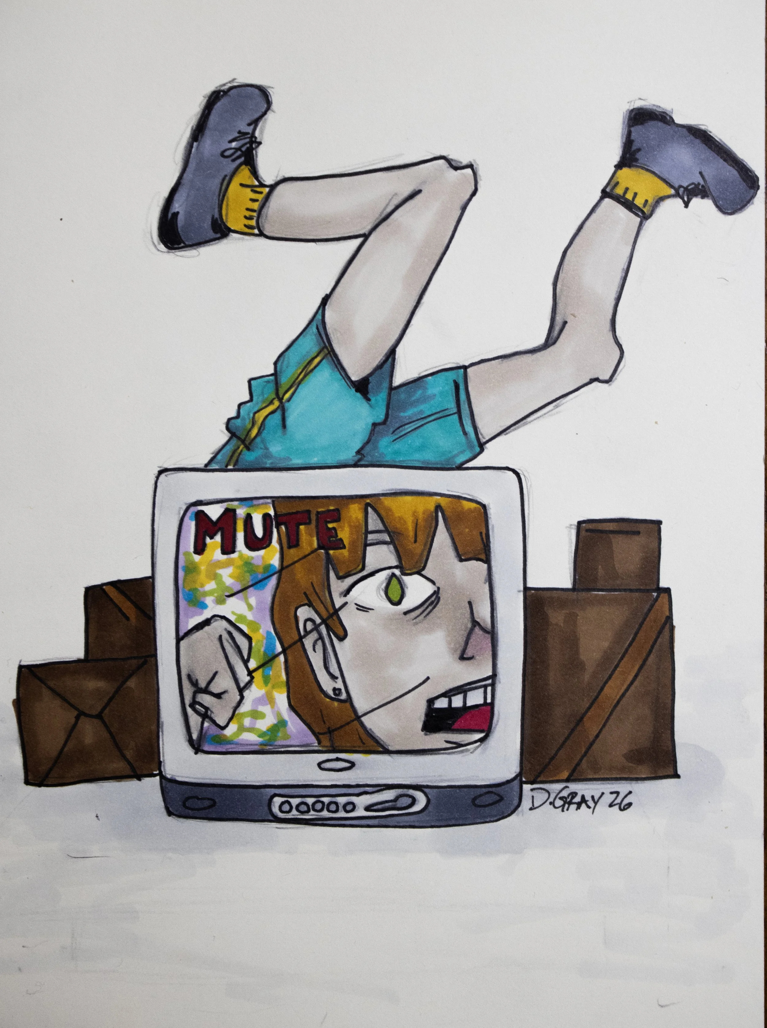 A colorful drawing of a smartphone with a woman's face on the screen, surrounded by a yellow background, and partially obscured by a wooden table. The phone appears to be taking up most of the image, with a corner visible at the bottom right. The wom