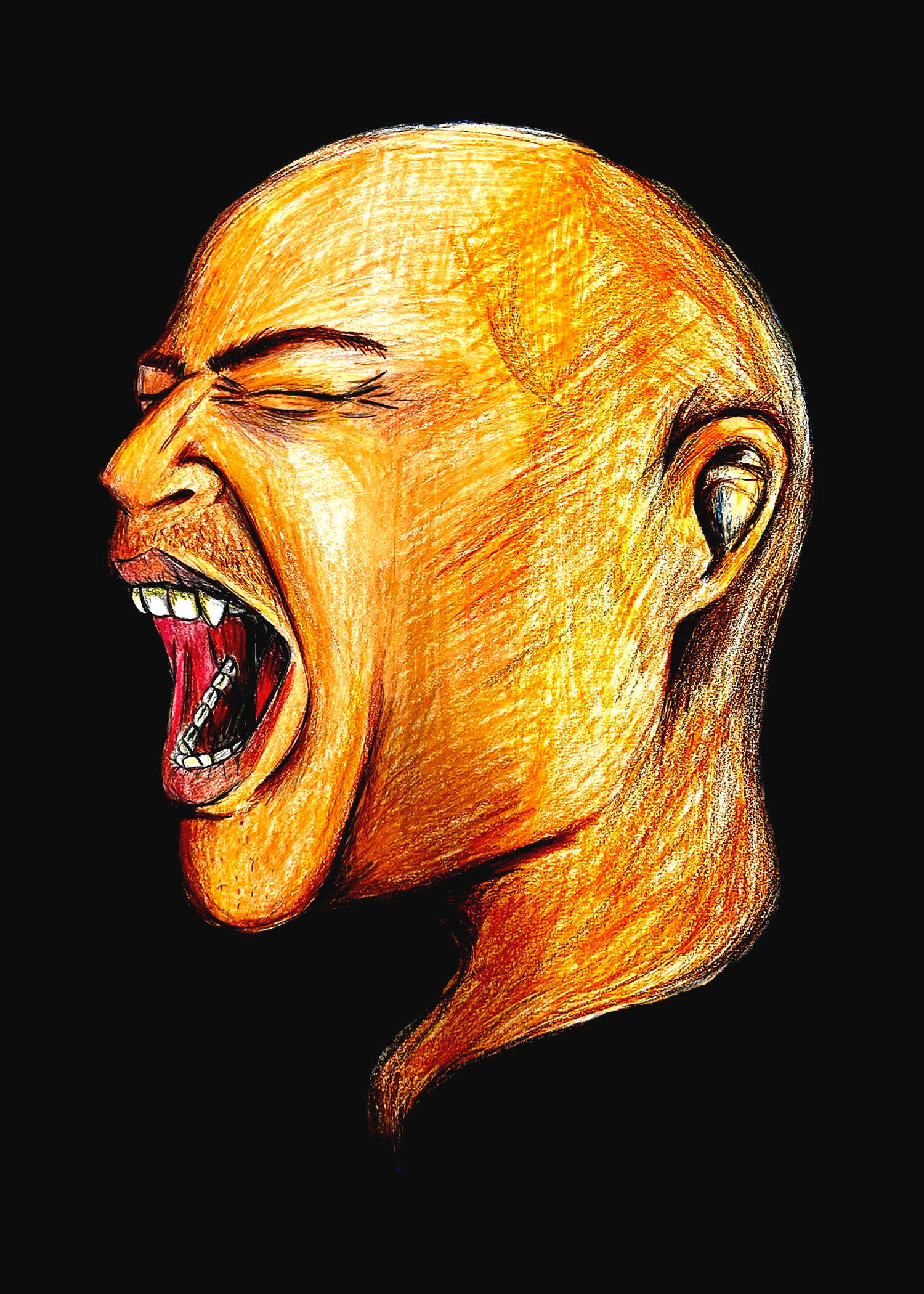 Colorful digital drawing of a person with an exaggerated, open-mouthed expression, eyes closed, showing sharp teeth and a tongue, with a bald head and elongated neck against a black background.