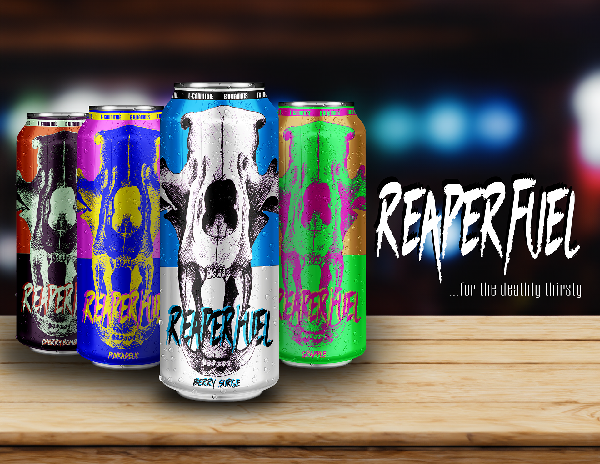Four colorful beverage cans with skull and skull artwork, placed on a wooden surface. The text on the image reads 'REAPER FUEL for the deathly thirsty.'