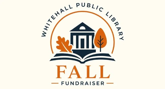 Logo for Whitehall Public Library Fall Fundraiser featuring a house, open book, and autumn leaves and trees.