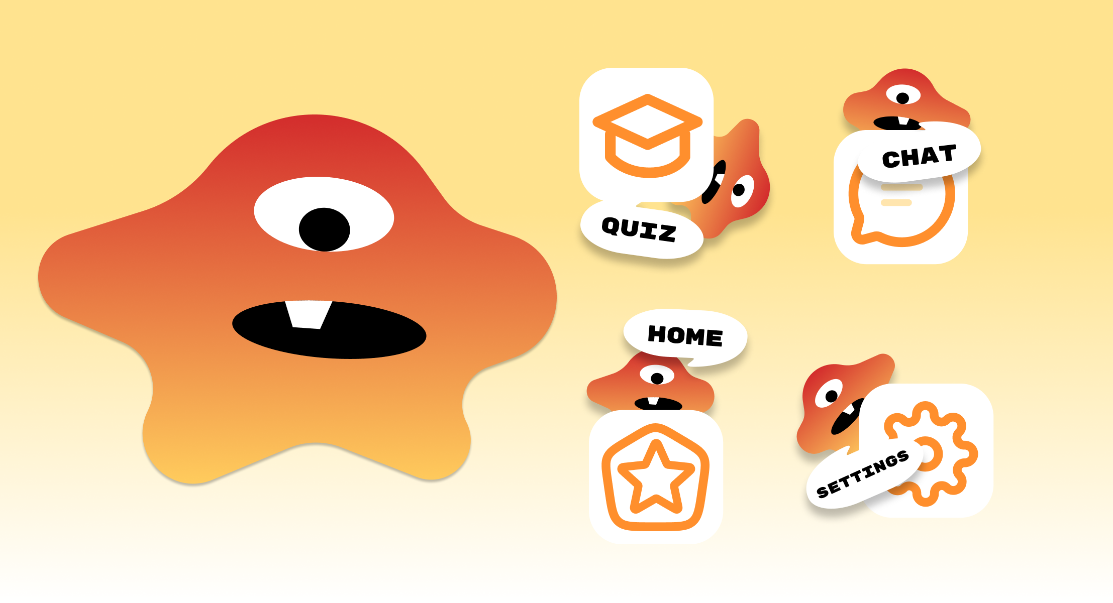 Cartoon monster with one eye, orange face and body, open mouth showing teeth, surrounded by app icons labeled Quiz, Chat, Home, and Settings, on a yellow gradient background.